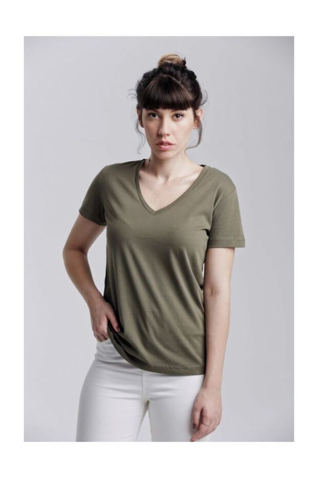 Klasik V Yaka Basıc T-shırt Haki - 1