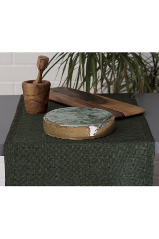 Plain Linen Dark Green Runner 40x140 cm