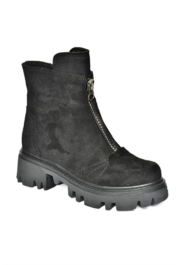 R784551202 Fekete velúr vastag talpú női csizma - 7