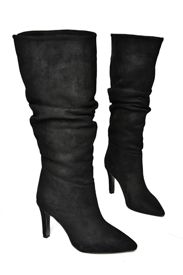 Damenstiefel aus schwarzem Wildleder mit dünnem Absatz - 4