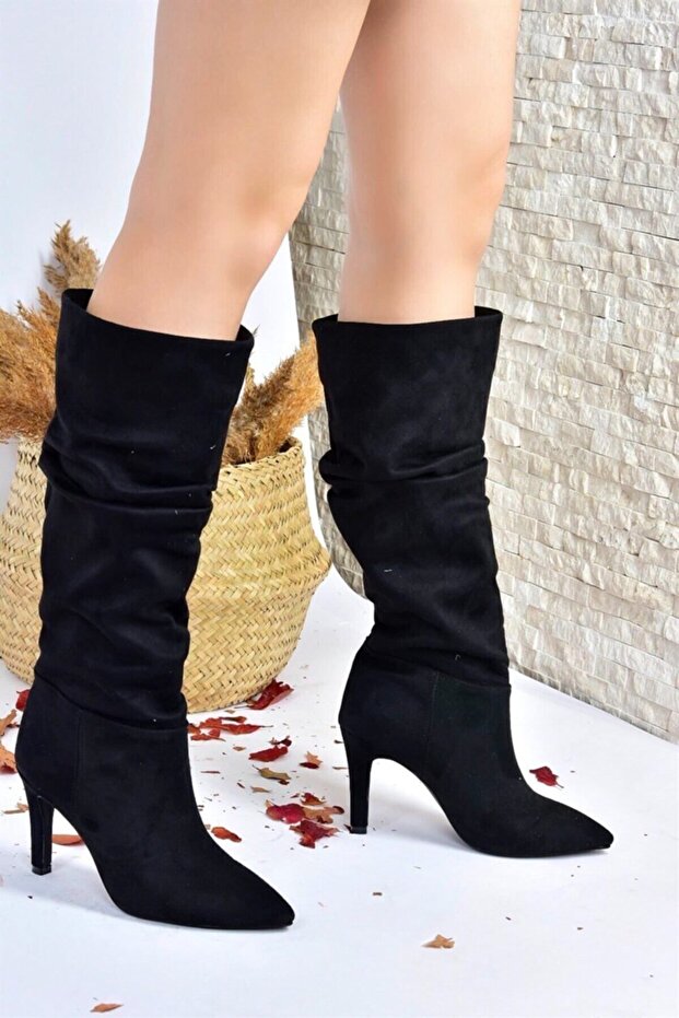 Damenstiefel aus schwarzem Wildleder mit dünnem Absatz - 2