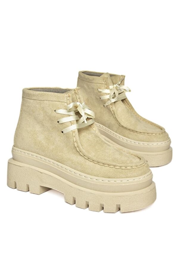 R267310202 Bézs velúr vastag talpú női cipő - 5