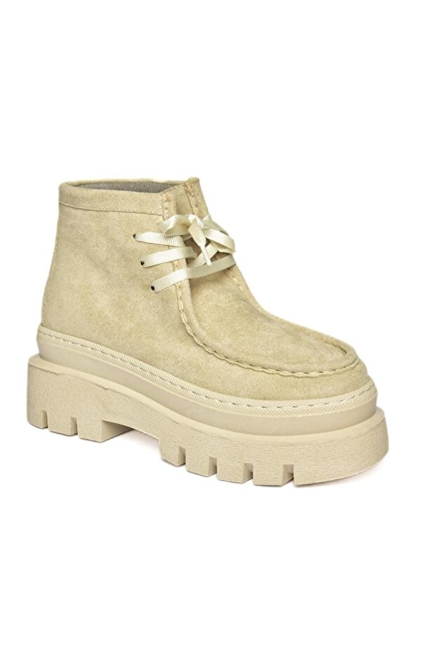 R267310202 Bézs velúr vastag talpú női cipő - 7