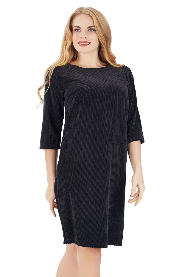 Back 40 Cm Hidden Zippered Three Quarter Sleeve Velvet Dress| Elb32565 Black