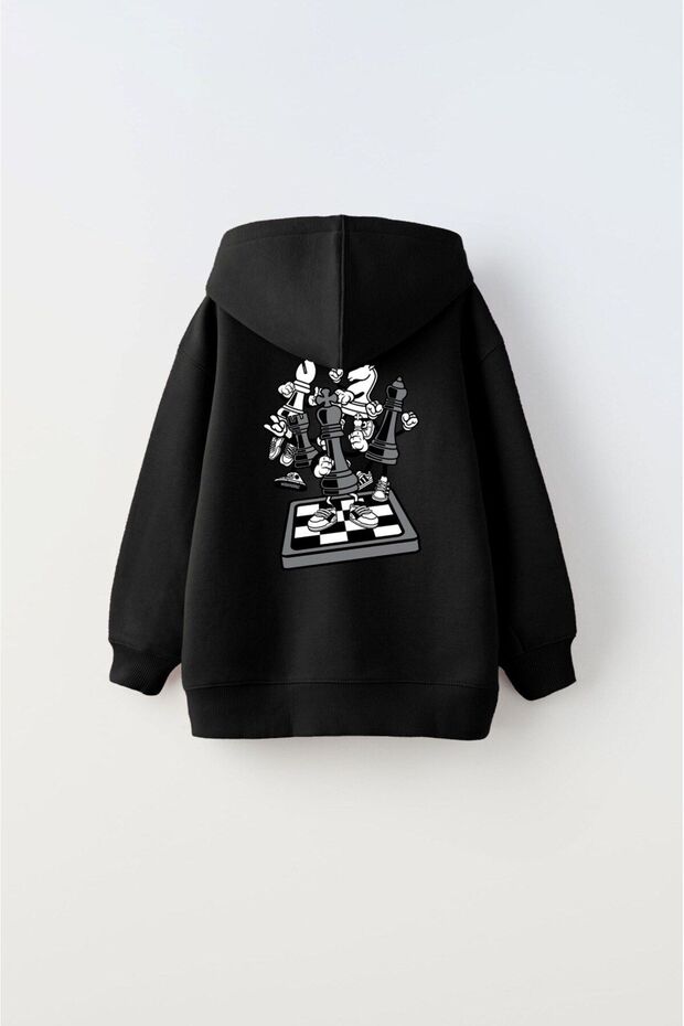 Hooded Fleece Inside Chess Think Printed Black Unisex Kids Hoodie Sweatshirt