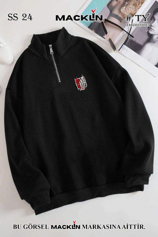 Unisex Women's Men's Attack On Titan (AOT) Logo Printed Half Zipper High Collar Basic Sweatshirt