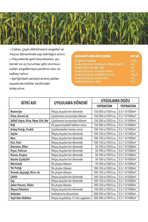 Caltex Kalsiyum Bor Molibden Mangan Çinko Ve Amino Asitli Sıvı Orgomineral Gübre 250 ml Lom025-4 - 2