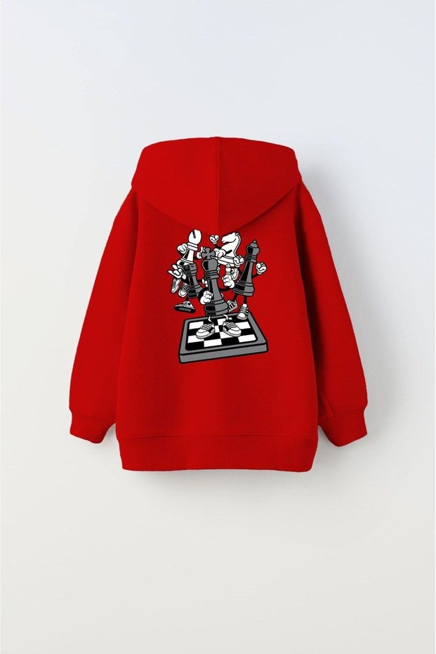 Hooded Fleece Inside Chess Think Printed Red Unisex Kids Hoodie Sweatshirt
