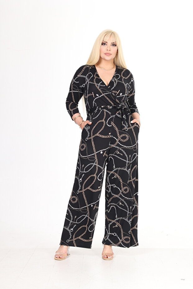 Chain Pattern Double Breasted Collar Plus Size Jumpsuit - 1