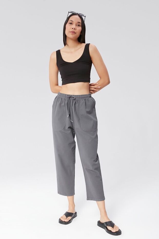 Women's Dark Gray Carrot Cut Ankle Length Linen Look Trousers - Cotton, Summer Monaha
