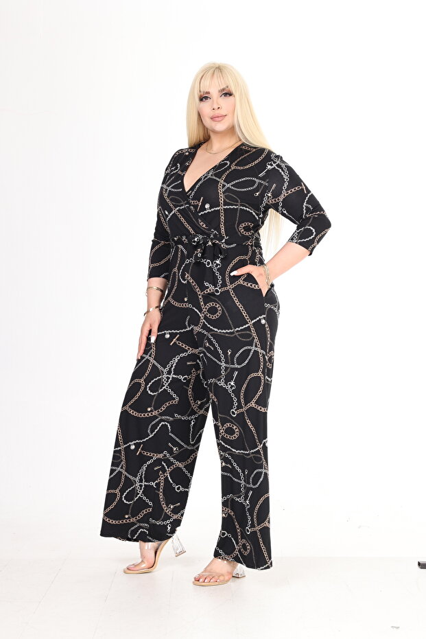 Chain Pattern Double Breasted Collar Plus Size Jumpsuit - 6