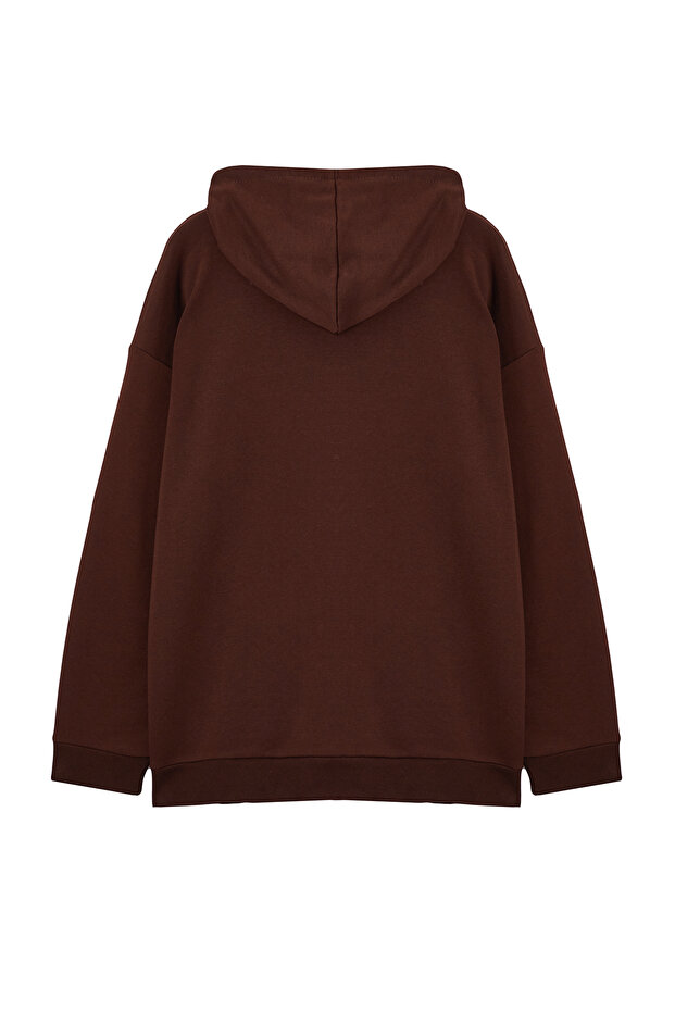 Kahverengi Büyük Beden Oversize Basic Kapüşonlu Fermuarlı İçi Polar Pamuk Sweatshirt TMNAW24AO00003 - 7