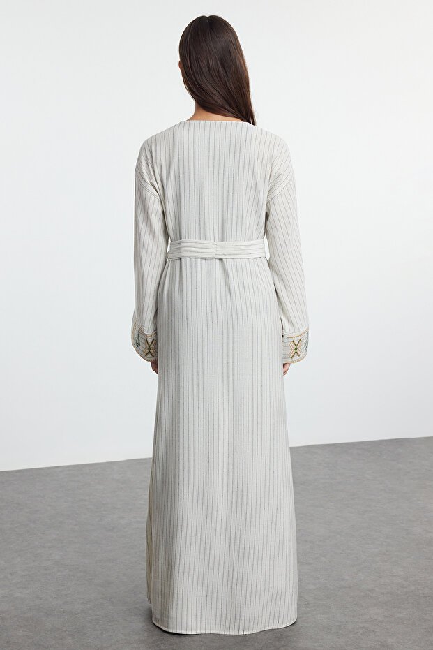 Bej Keten Görünümlü Nakışlı Dokuma Kimono & Kaftan & Abaya TCTSS24KF00051 - 5