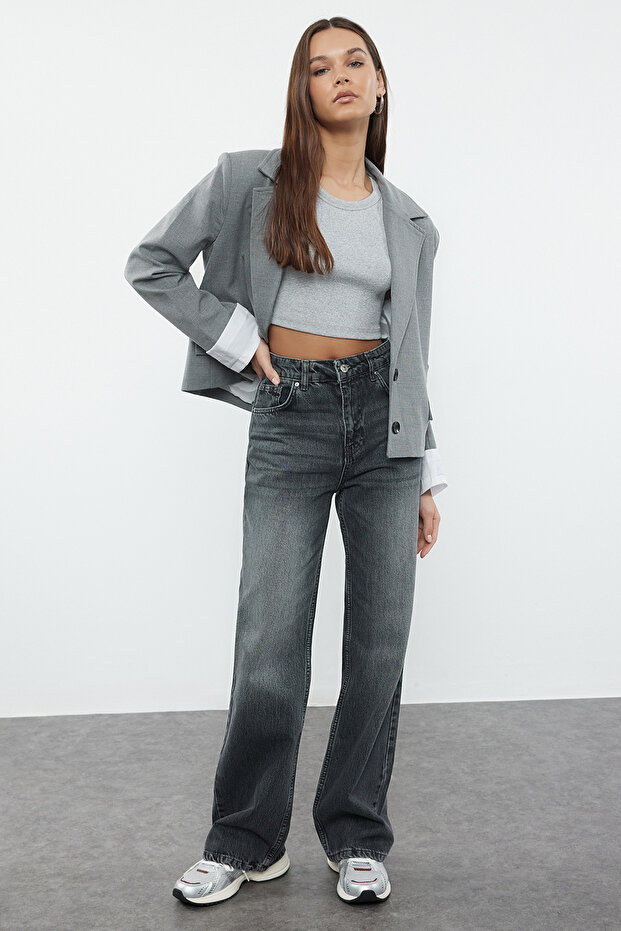 Antracytowe jeansy z wysokim stanem i szerokimi nogawkami TWOAW25JE00101 - 1