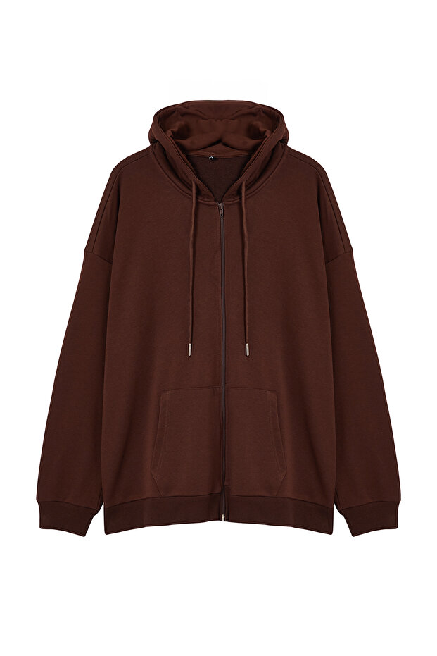 Kahverengi Büyük Beden Oversize Basic Kapüşonlu Fermuarlı İçi Polar Pamuk Sweatshirt TMNAW24AO00003 - 6