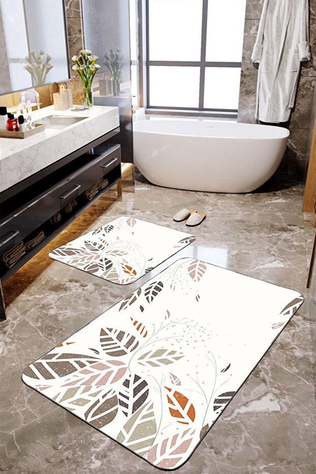 طقم سجادة حمام كبيرة الحجم مكونة من قطعتين بنمط أوراق الشجر - 1