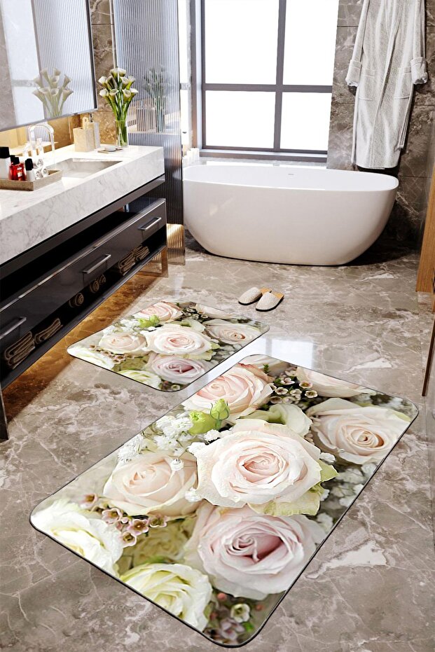ROSE Patterned 2-Piece Large Size Bath Mat Set