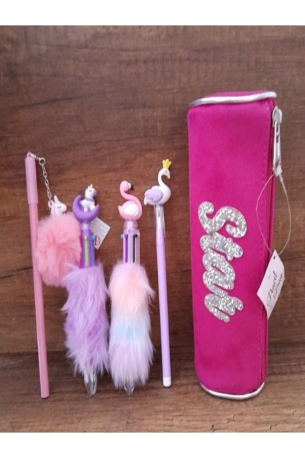 Unicorn Ve Flamingo Süslü Kalem Ve Payetli Kalemlik Seti - 1