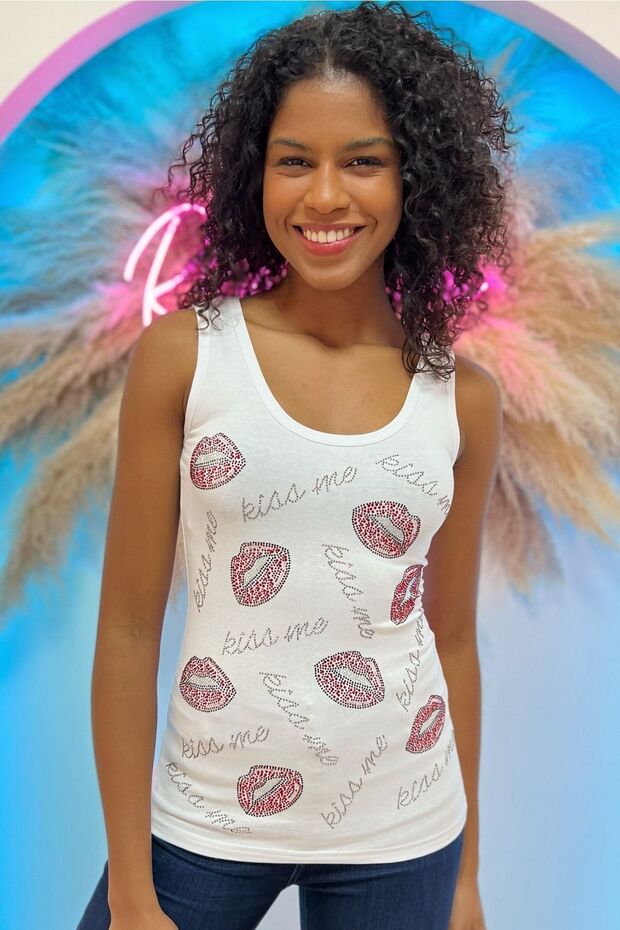 Slim Fit / Slim Fit Crystal Stone Lip Printed Cotton Sleeveless Women's Athlete