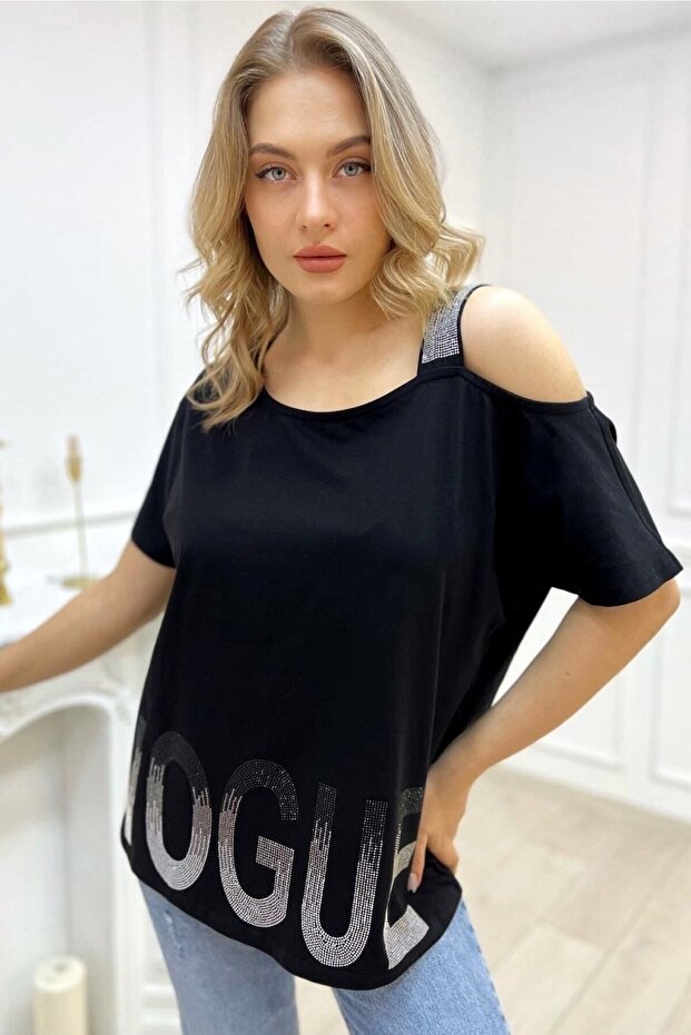 Loose Cut Plus Size One-Shoulder Open Strap Crystal Stone Stylish Comfortable Black Women's Cotton T-Shirt