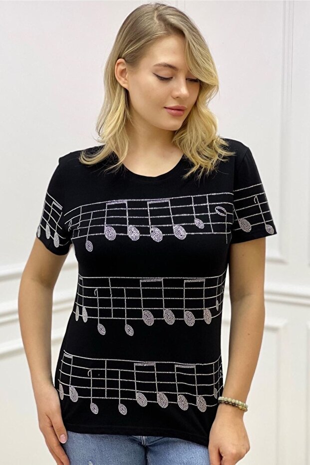 Plus Size Short Sleeve Crew Neck Note Pattern Crystal Stone Black Stylish Women's T-Shirt