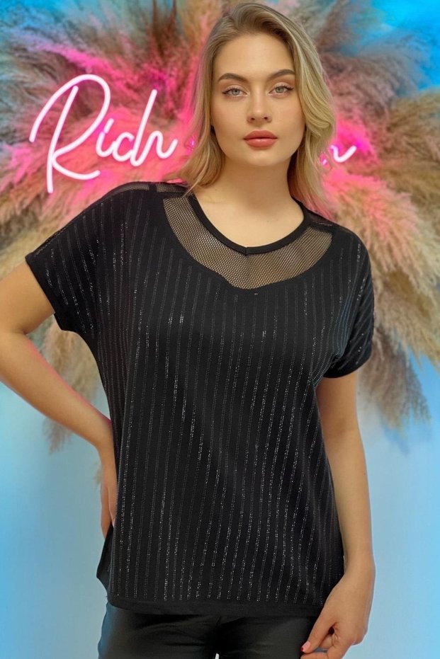 Comfortable Fit Mesh Detailed Large Size Crystal Stone Printed Cotton Black Women's T-shirt