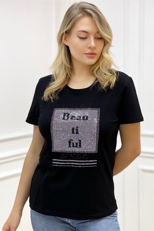 Plus Size Crew Neck Beautiful Written Crystal Stone Black Stylish Cotton Short Sleeve Women's T-Shirt