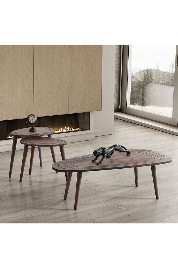 Sweet Masif Doğal Ahşap Orta Sehpa Ve 2'li Zigon Sehpa Set, Modern Masif Yan Ve Orta Sehpa Set - 2