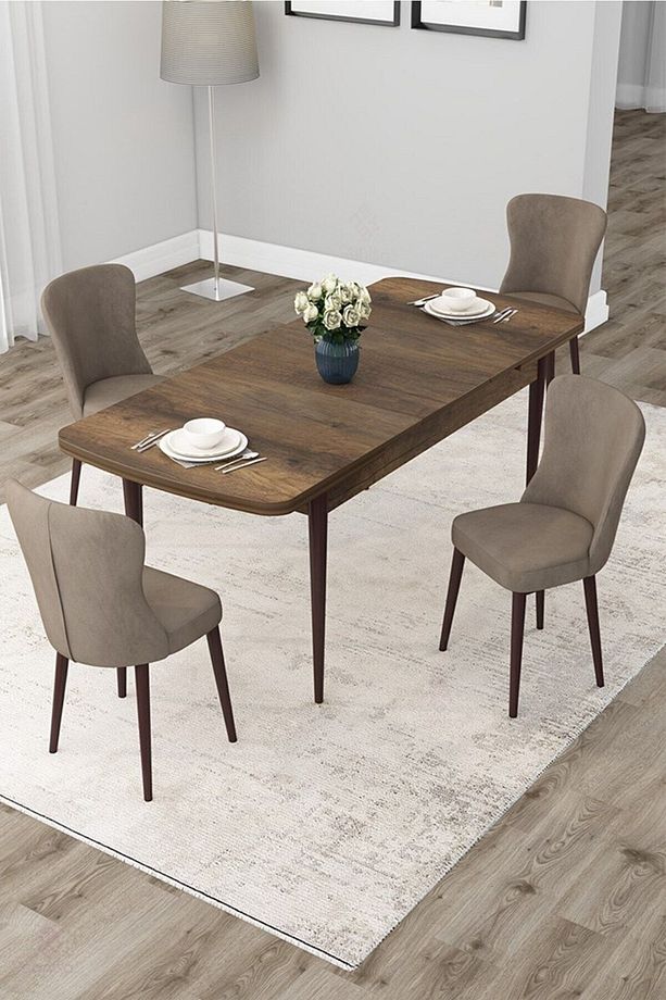 Due Serisi 80x132 Açılabilir Barok Ahşap Desen Mutfak Masası Takımı Ve 4 Cappucino Sandalye - 2