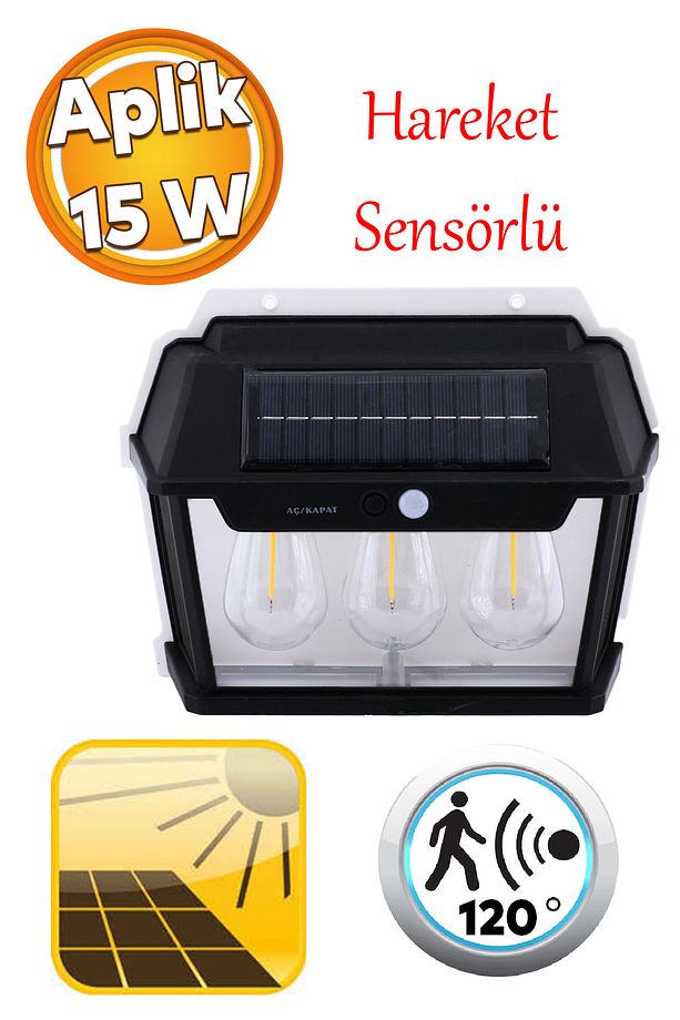 Dış Mekan Apliği Sensörlü Bahçe Duvar Aplik Güneş Enerjili 3 Modlu Sarı Işıklı 15 W Fener Lamba - 1