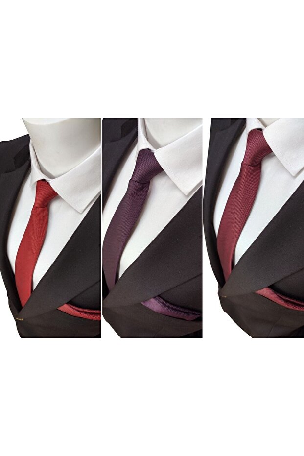 Red Plum Claret Red Color 3-Piece Dobby Tie and Handkerchief Set