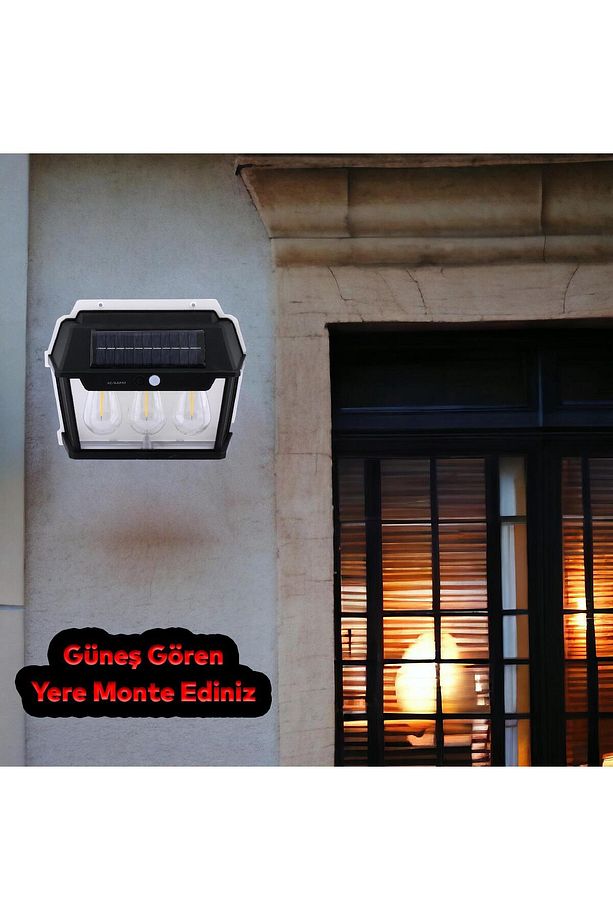 Dış Mekan Apliği Sensörlü Bahçe Duvar Aplik Güneş Enerjili 3 Modlu Sarı Işıklı 15 W Fener Lamba - 5