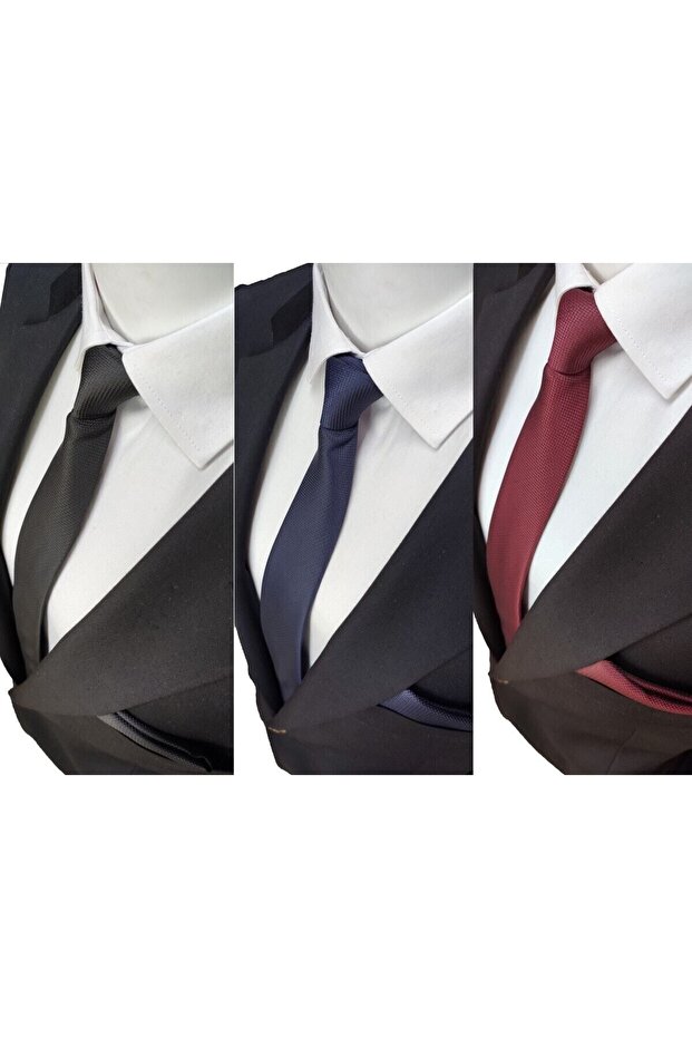 Black - Navy Blue - Claret Red Color 3-Piece Dobby Tie and Handkerchief Set