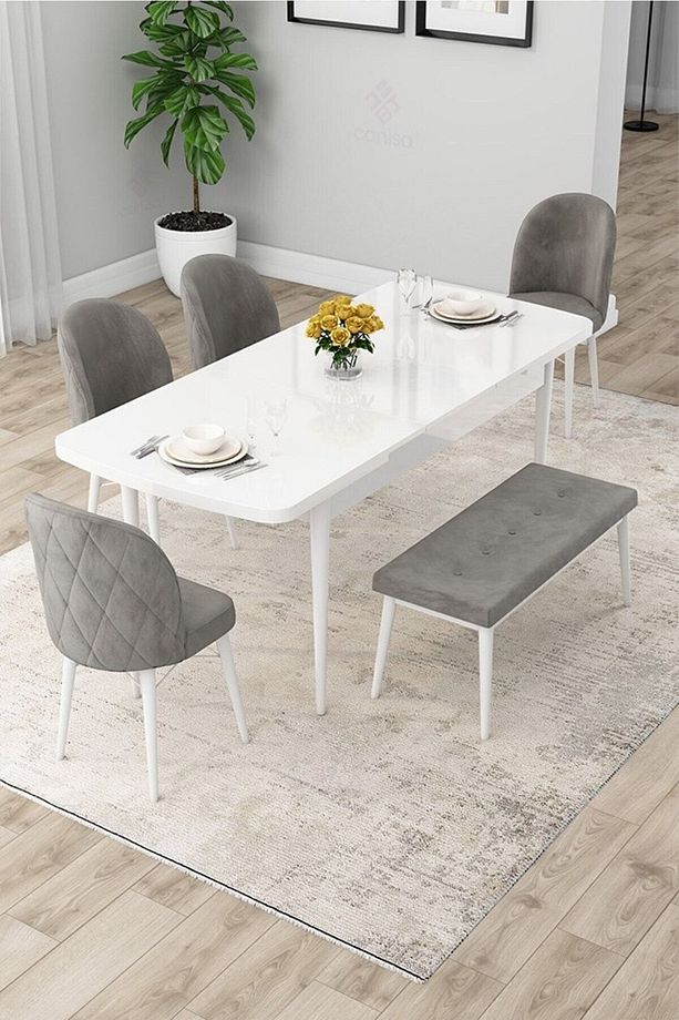 Rut Serisi Açılabilir 80x132 Beyaz Masa Ceviz Ayak Mutfak Masası Takımı 4 Capucino Sandalye 1 Bench - 2