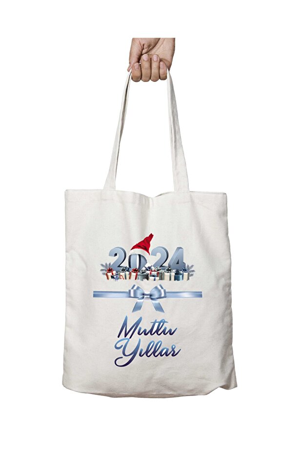 2024 Happy New Year Christmas Hat with Two Sides Permanently Printed Washable School Beach Shoulder Tote Bag
