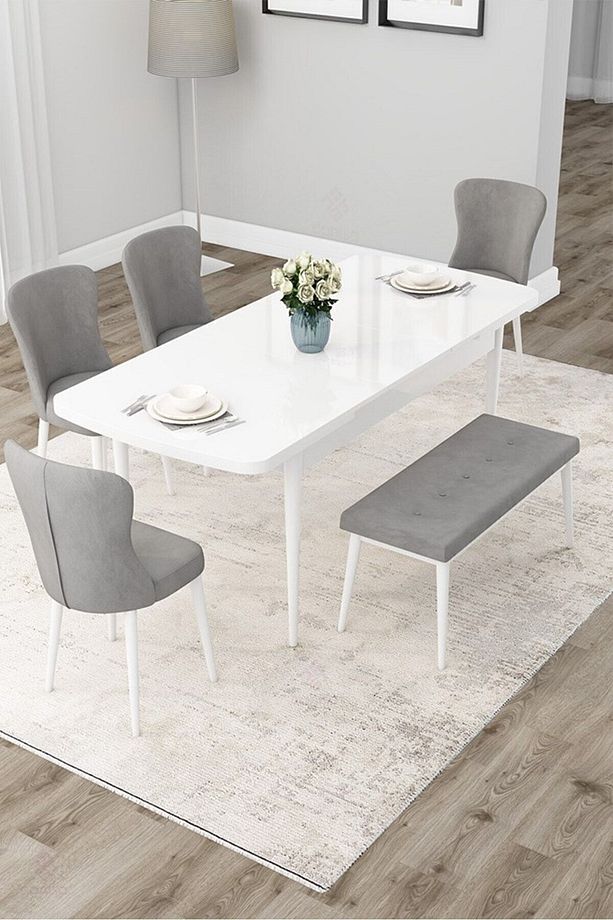 Due Serisi 80x132 Açılabilir Beyaz Mutfak Masası Takımı 4 Sandalye ve 1 Bench - 2