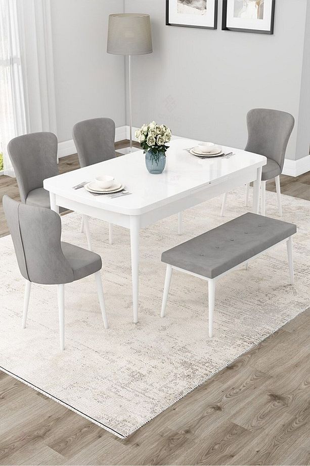 Due Serisi 80x132 Açılabilir Beyaz Mutfak Masası Takımı 4 Sandalye ve 1 Bench - 1