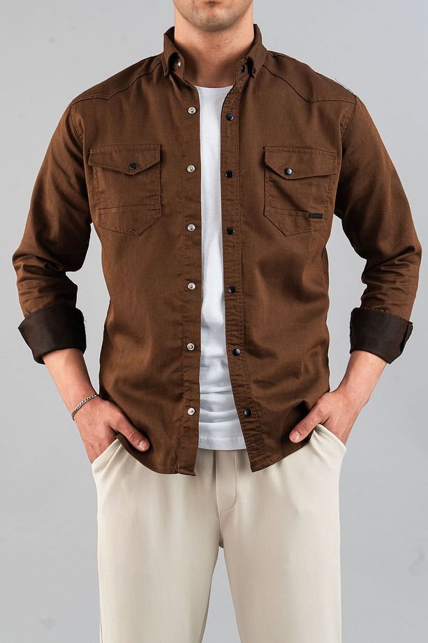 Slim Fit Erkek Pamuklu Kot Gömlek Bakır - 1