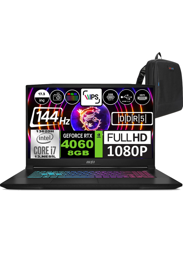 KATANA 17 i7 13620H 16GB 2TB SSD RTX4060 8GB Freedos 17.3" FHD 144Hz B13VFK1037XTRWF03 + Zetta Çanta - 1