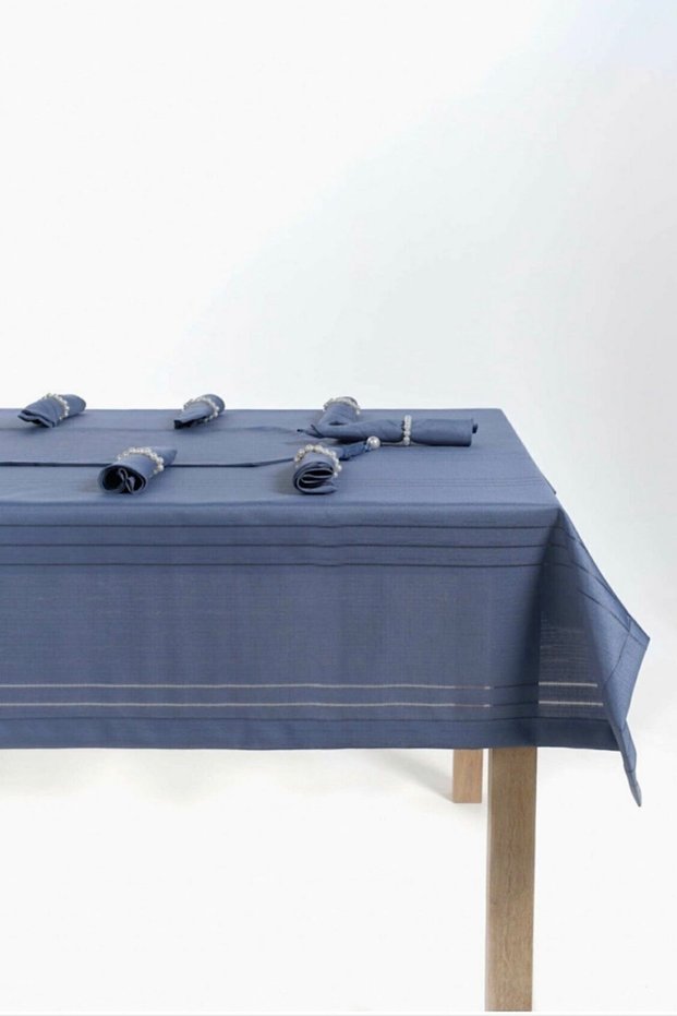 Linen Striped Tablecloth Indigo Blue