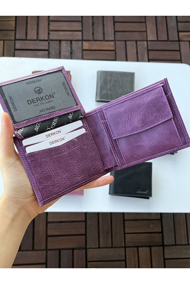 %100 Hakiki Crazy Deri Morry Model Cüzdan Mor - 4