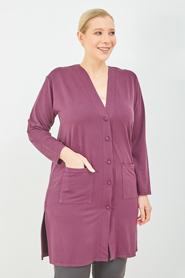Women's Plum Large Size Summer Long Combed Cotton Cardigan with Pockets