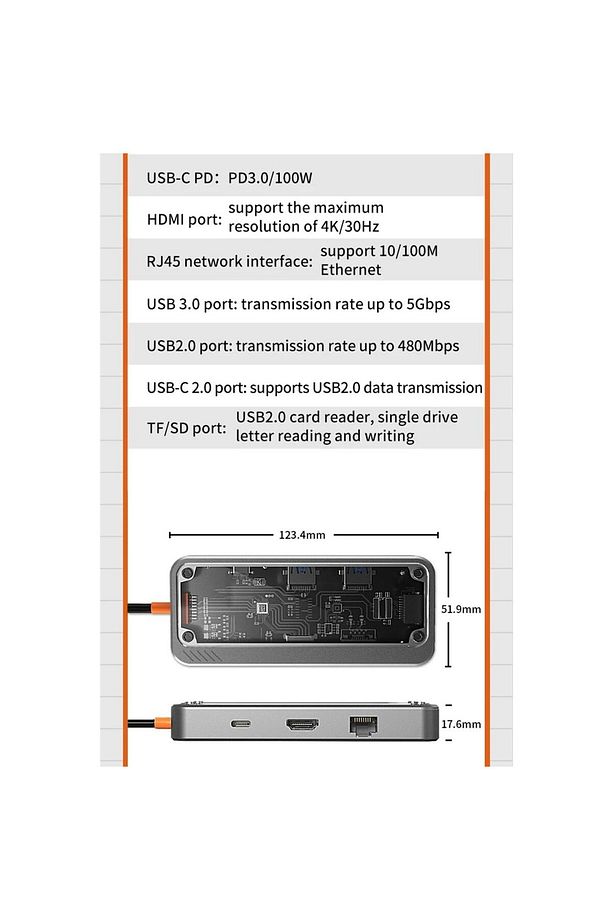 MT55 Mac ile Uyumlu Thunderbolt 3 Type-C USB Adaptör Hub 8in1 4K HDMI RJ45 100Mbps SD Kart Okuyucu - 7