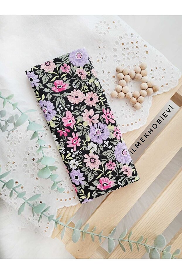 Poplin Fabric Spring Floral Black Background 100% Cotton 50X170 cm (1 Piece)
