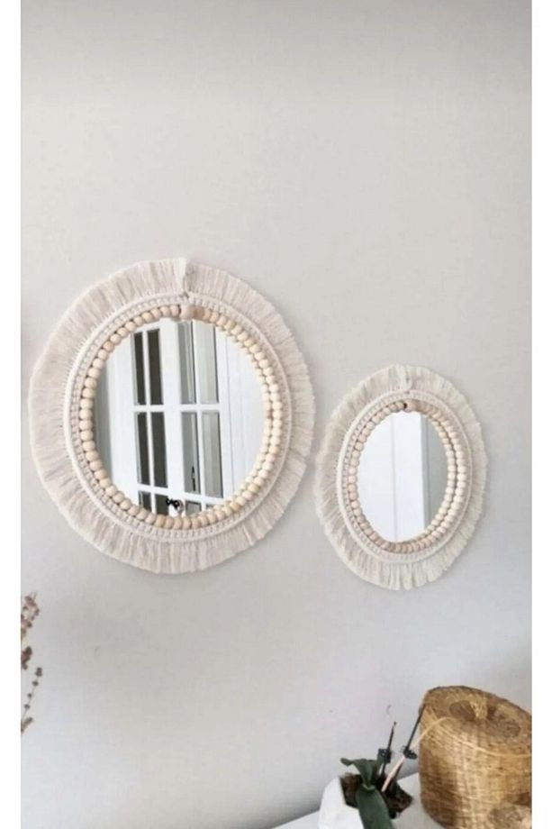Boho Aynası Yumuşak Makrome Ayna Beyaz Duvar Dekoru - 1