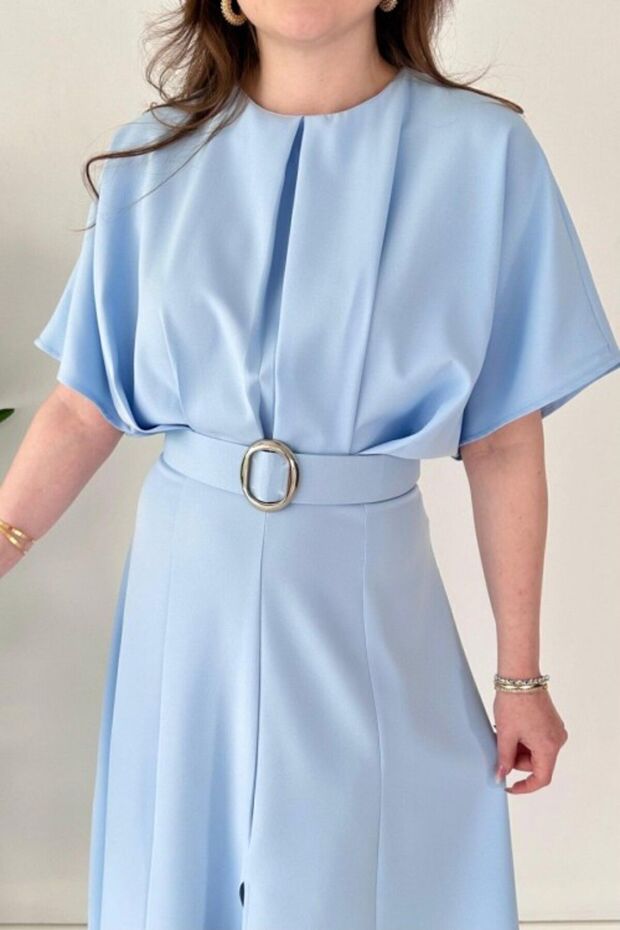 Midi Length Dress with Slit and Belt Detail