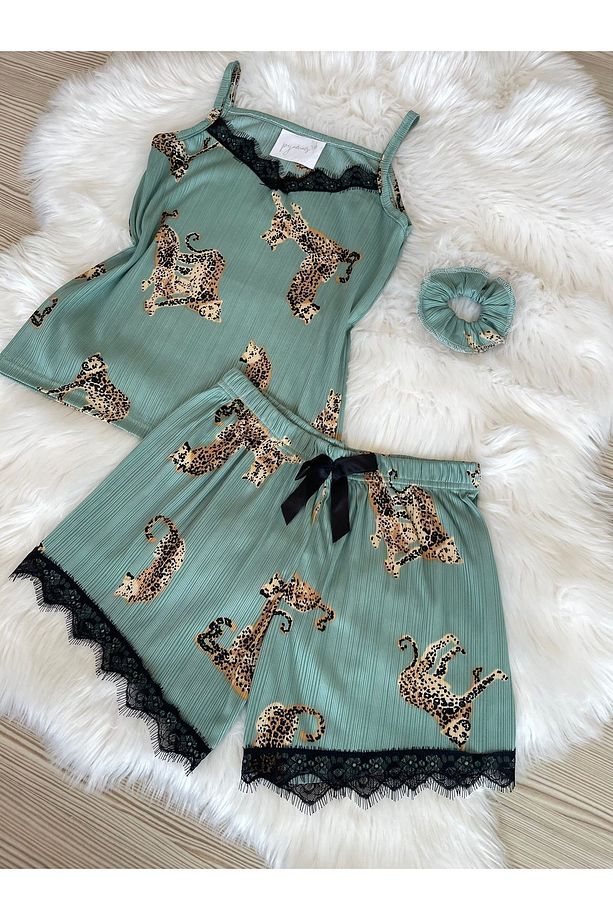 Yeşil Kaplan Desenli Şortlu Pegasus Pijama Takımı - 6