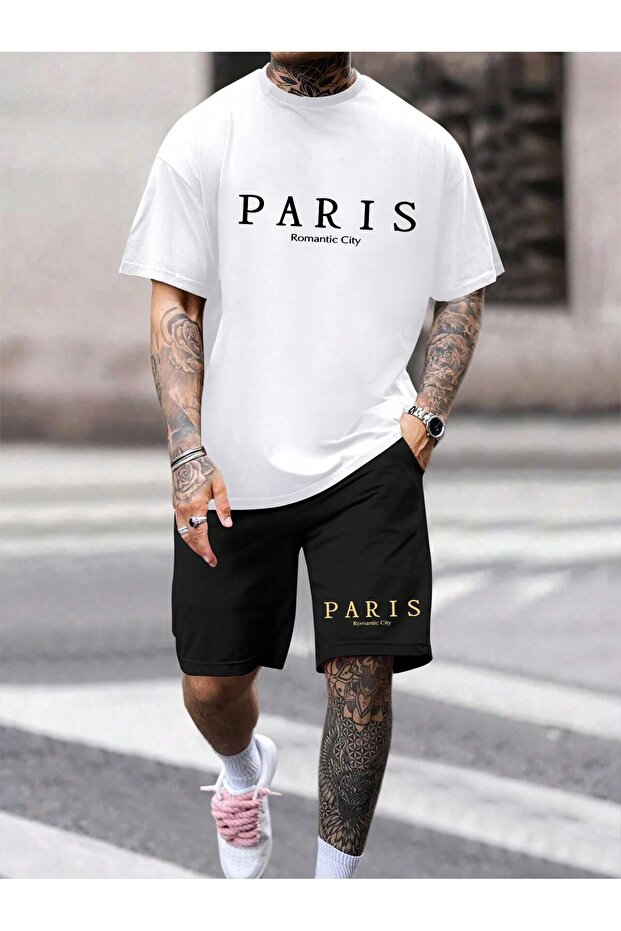 Paris Romantic T-Shirt Combed Cotton Shorts - White Black Shorts T-Shirt Set Printed Oversize Crew Neck