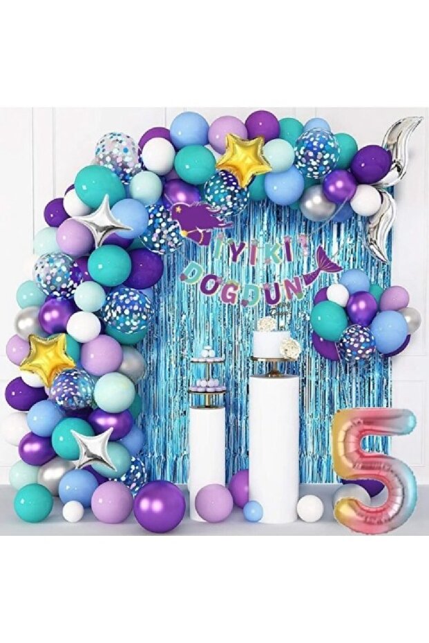 5 Years Old Rainbow Foil Mermaid Luxury Balloon Chain Birthday Party Set Decoration