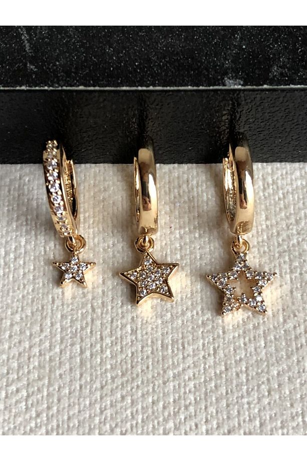 Kadın Zirkon Taş Üçlü Yıldız Model Gold Küpe Seti - 1